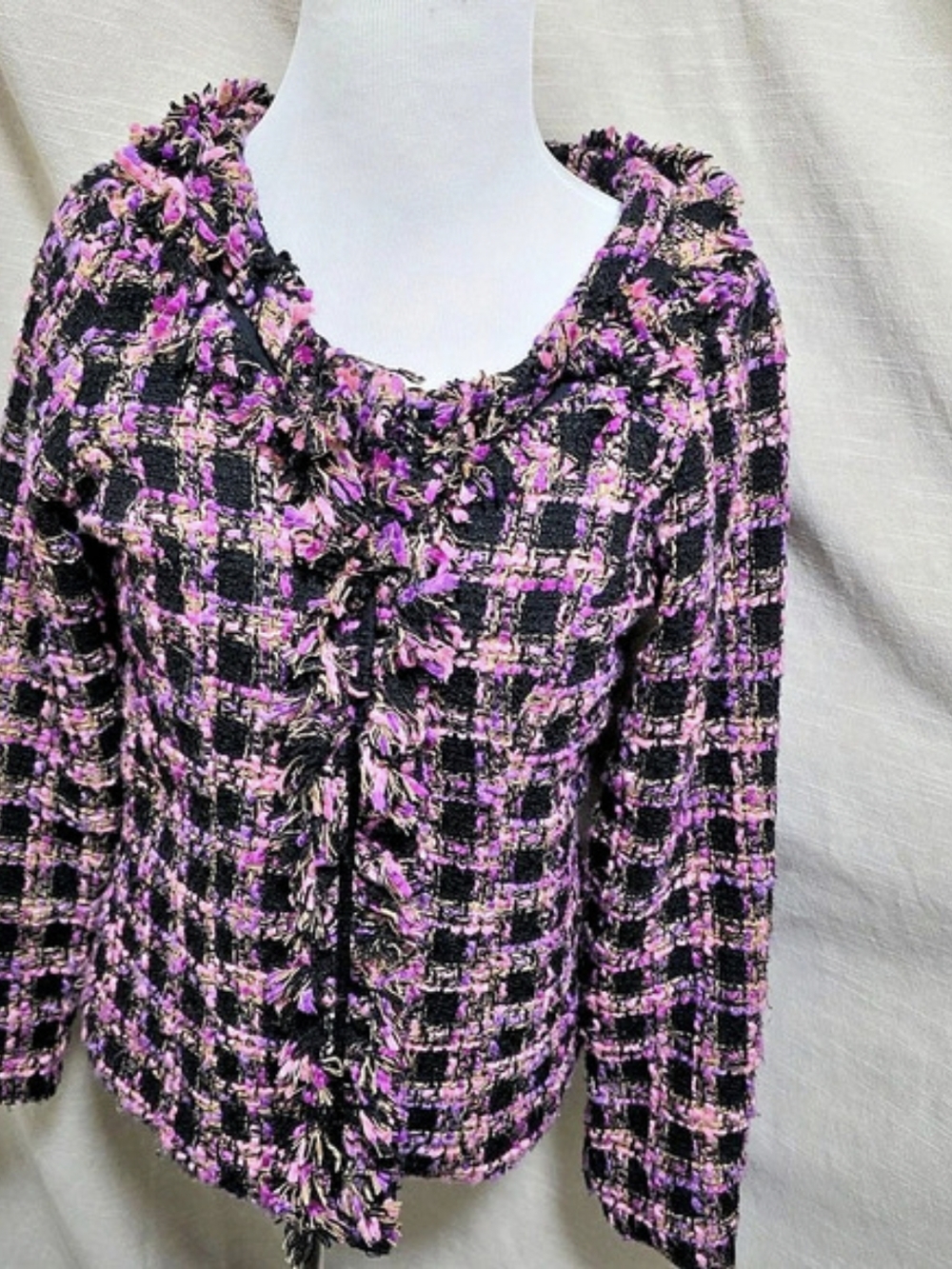 Maximalist Magenta Pink & Black Checkered Tweed Jacket Size Large Like New